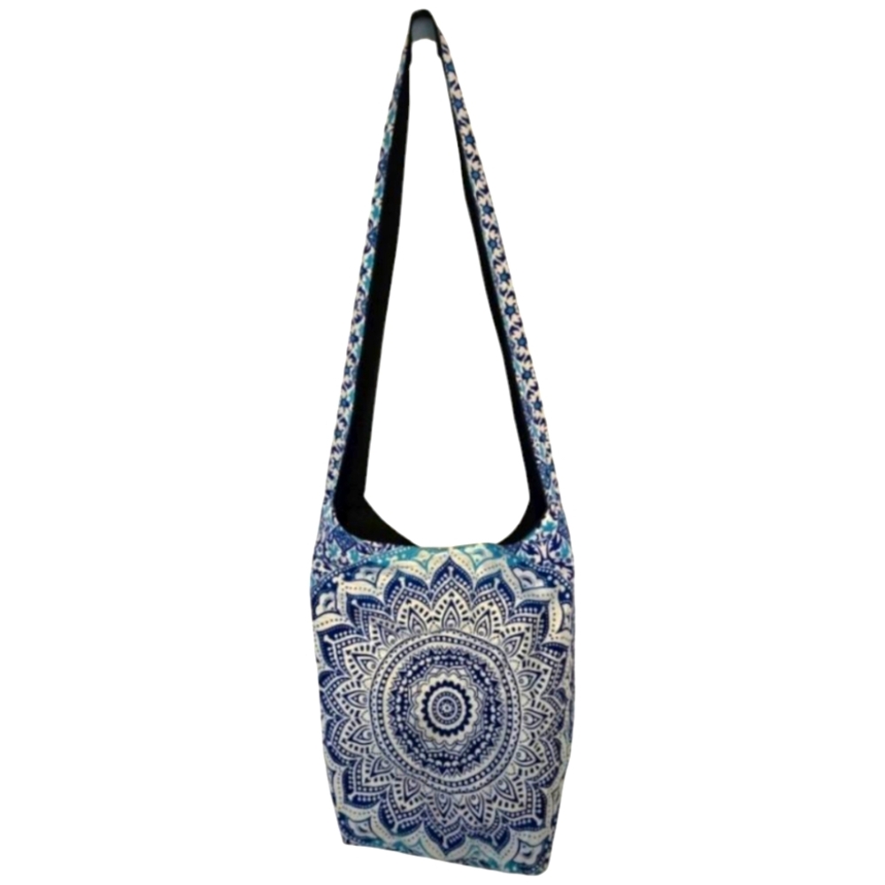 Hippie Chick Cotton Sling Boho Style Bag Blues & White
